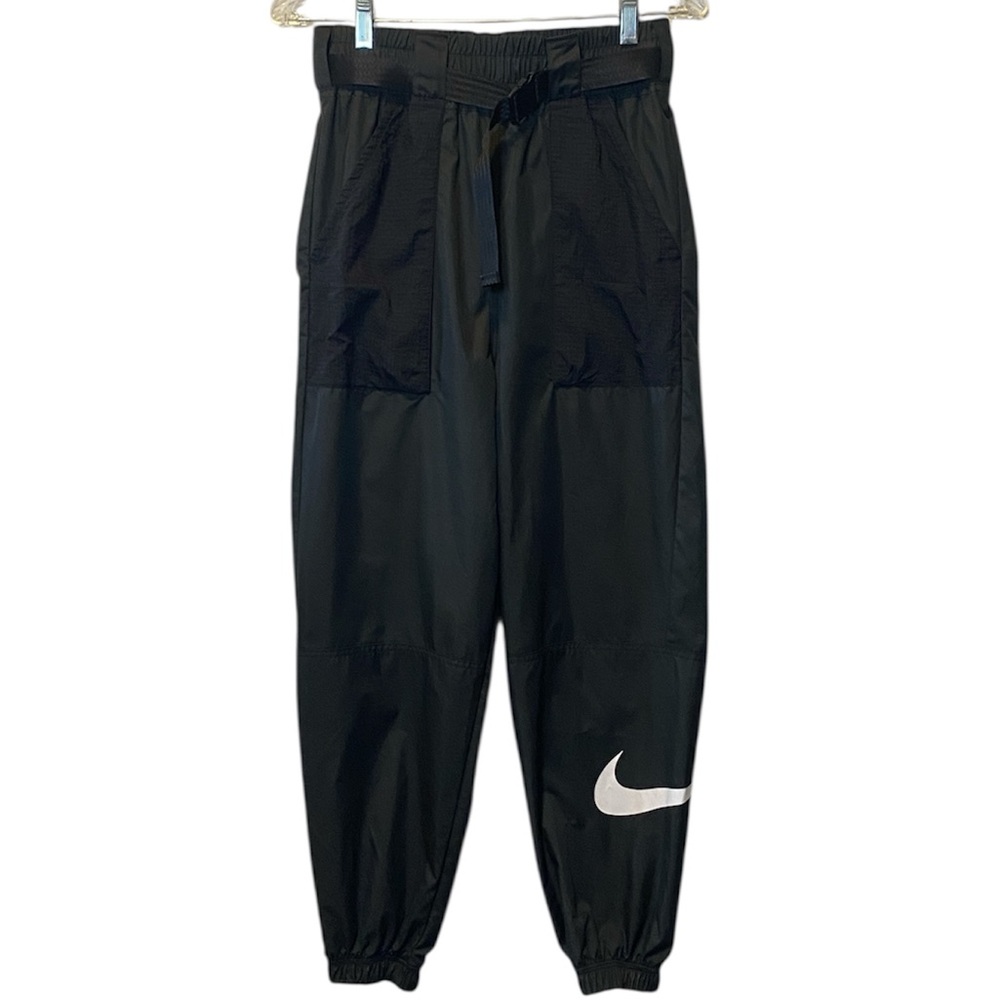 Nike Windbreaker Jogger Pants Small Black Sportswear Swoosh Elastic Waist Belted